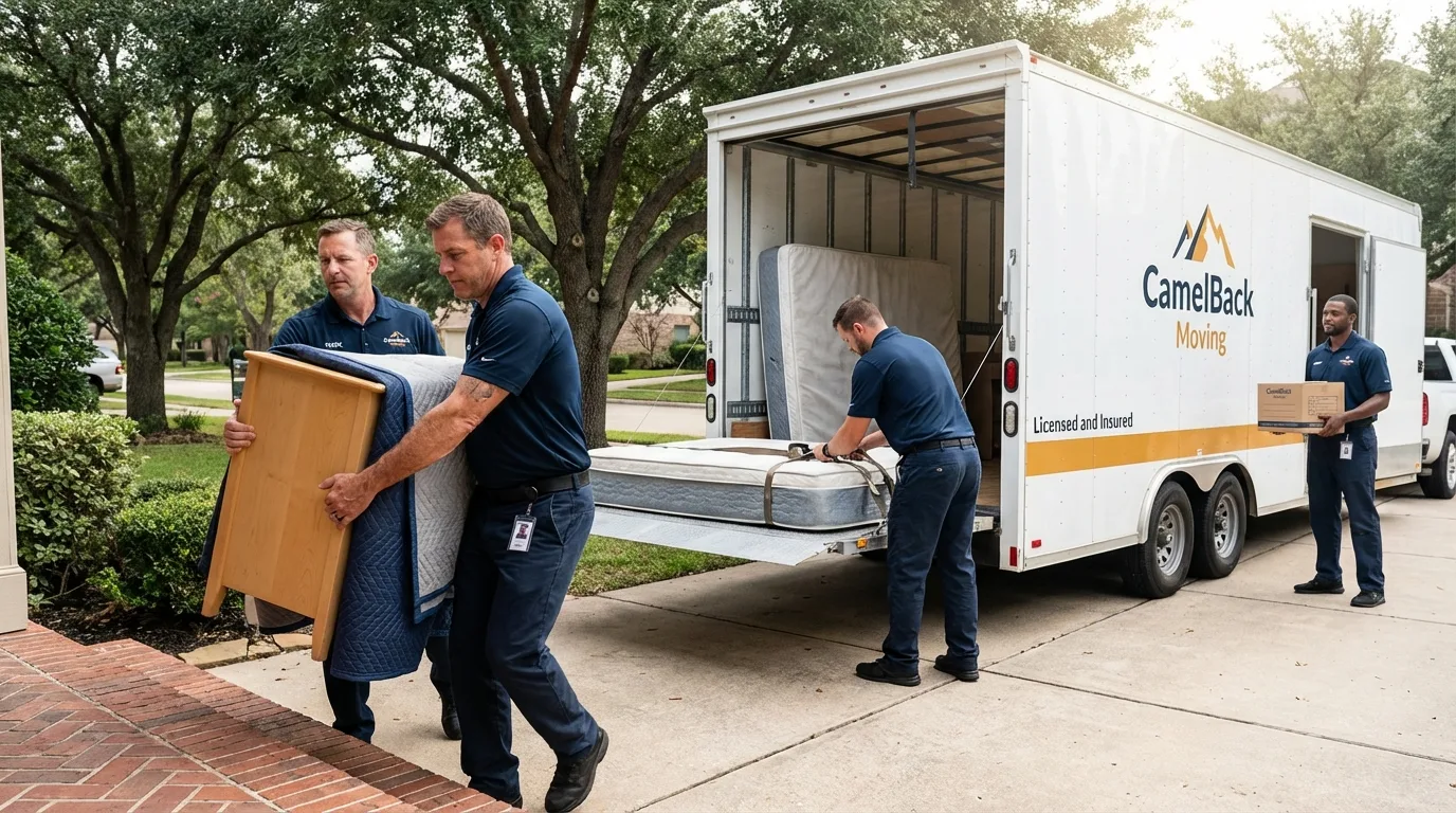 Crew loading residential truck for cross-state move from Cibolo, TX