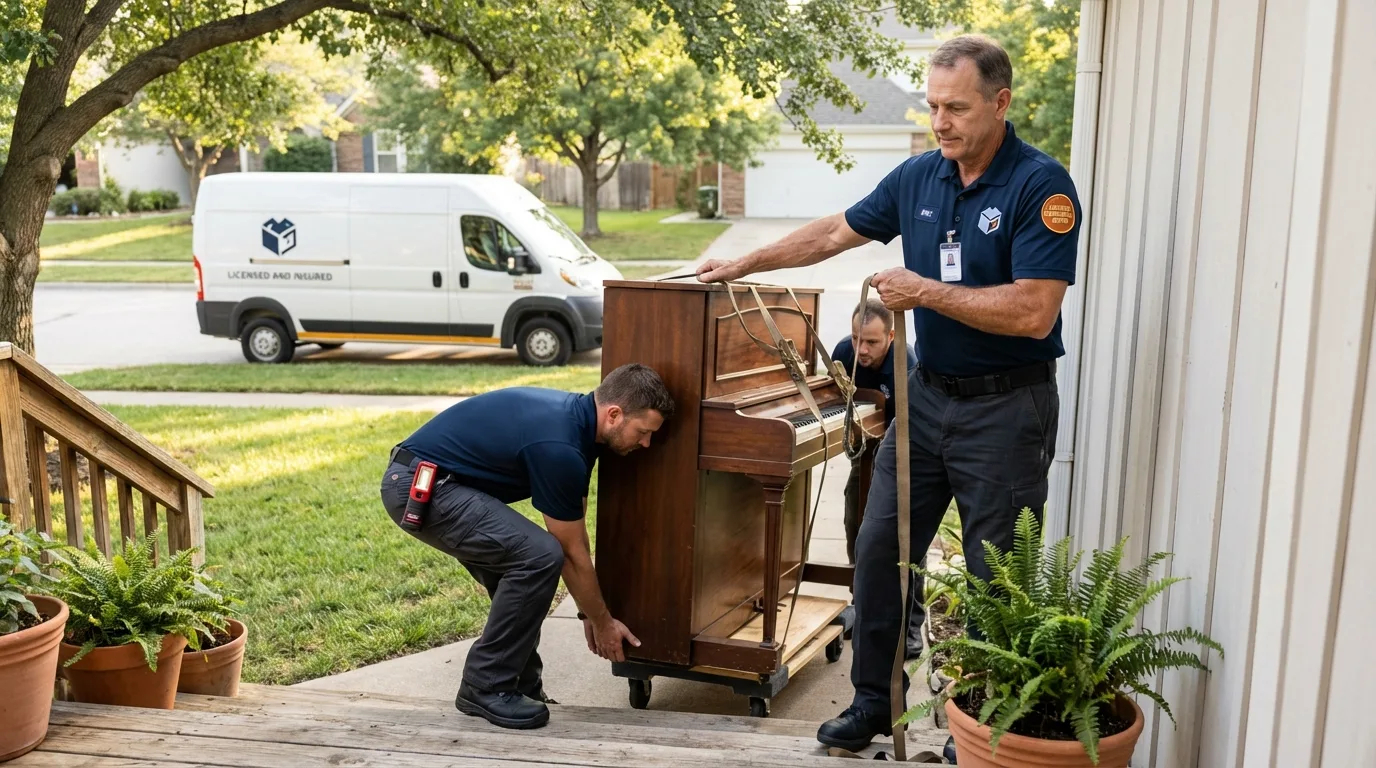 Licensed piano movers securing grand piano in Cibolo, TX