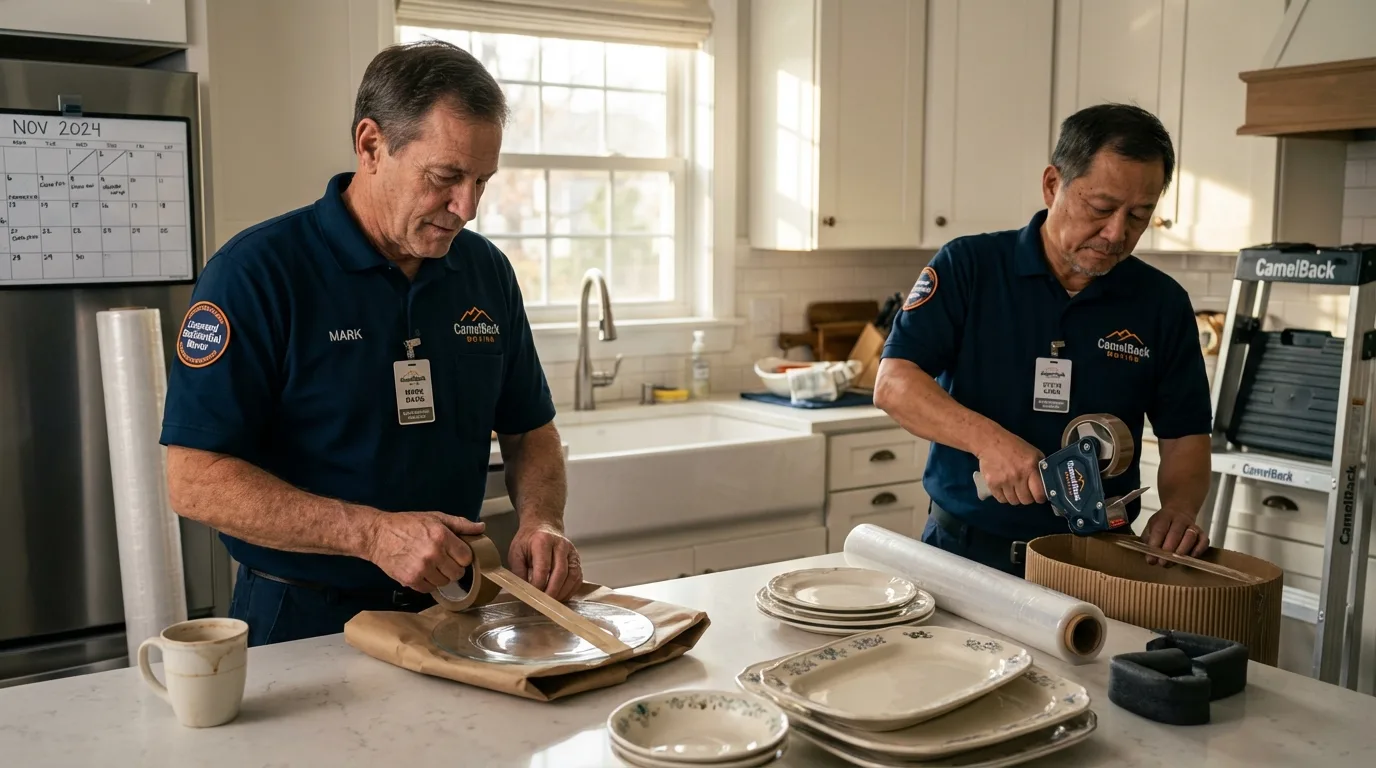Professional crew packing kitchen dishware in Cibolo, TX